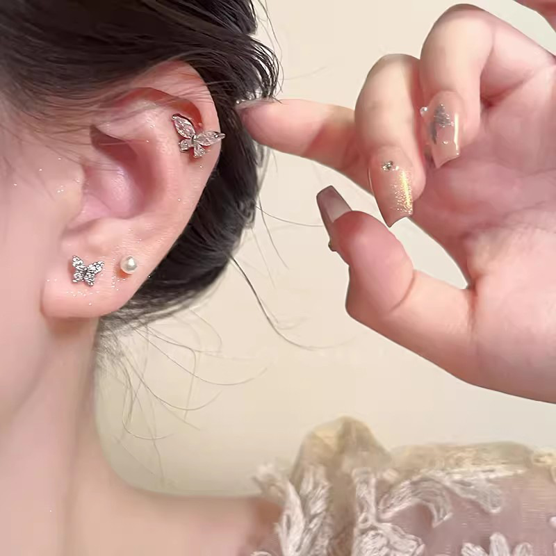 Butterfly Sparkling Diamond Pearl Set ear stud, a light luxury, niche and high-end look for women, super fairy-like and versatile student earrings Specification drawing
