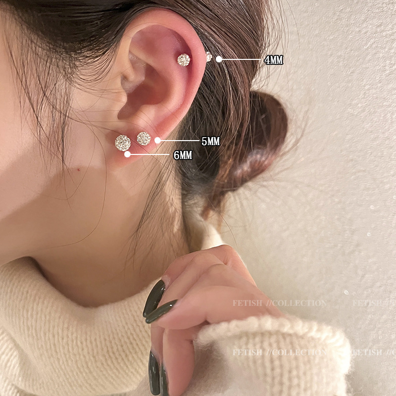 S925 Silver Needle simple ear Piercing diamond-encrusted stud earrings, versatile and fashionable for women, double-sided ear bone stud earrings, high-end and super shiny earrings Specification drawing