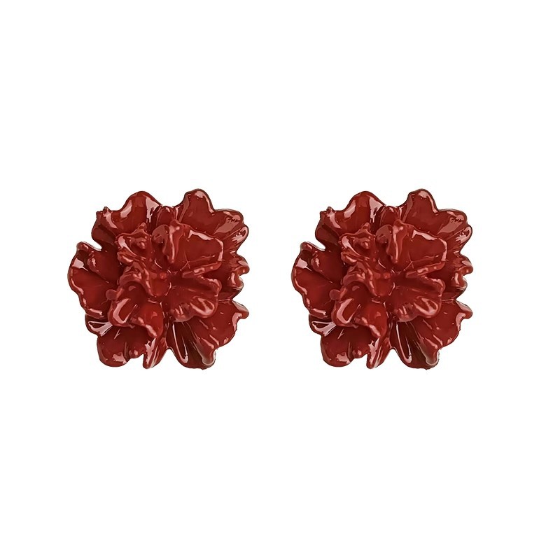 Ankela red pleated flower stud earrings, retro, niche, light luxury and high-end style earrings, Hong Kong style and personality earrings Item Picture