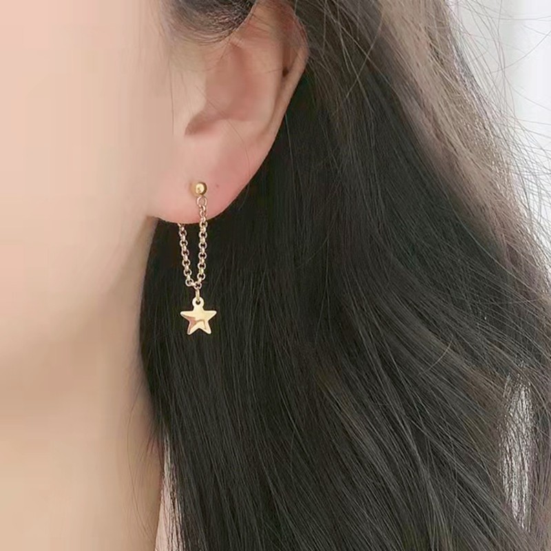 Korean version of niche, fashionable and simple lady's personality and temperament, golden tassel earrings, star chain ear studs hanging at the back details Picture