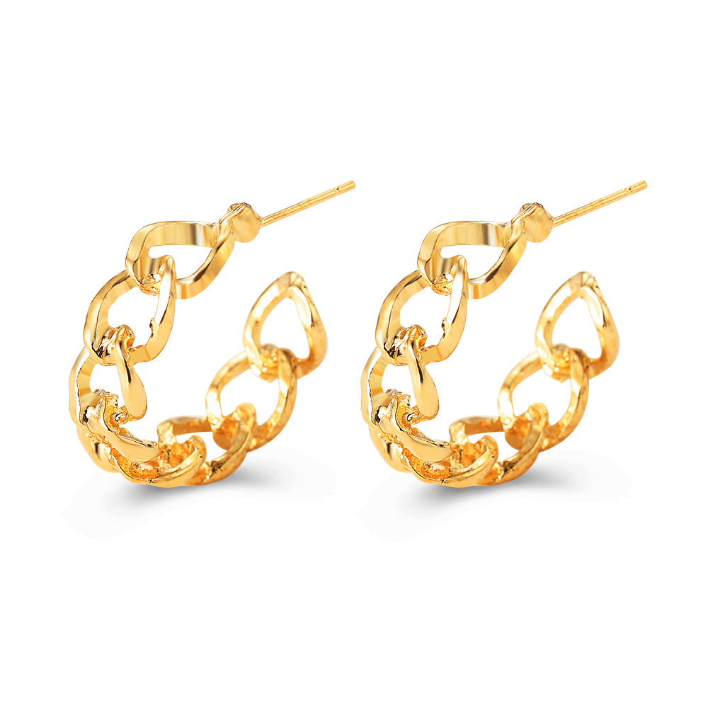 Han Zhishang Cross-border's new personalized C-shaped chain earrings, creative and exaggerated metal chain open circle earrings Item Picture