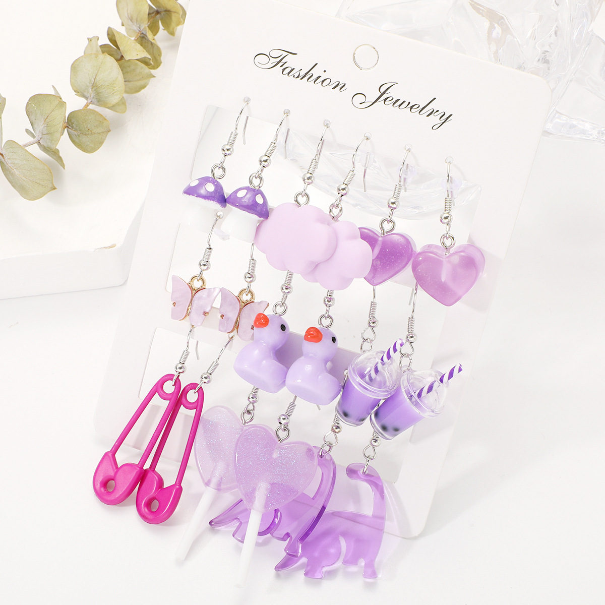 New cross-border purple mushroom milk tea butterfly heart earrings set of 12 pieces, pin lollipop duck earrings Application Scenario