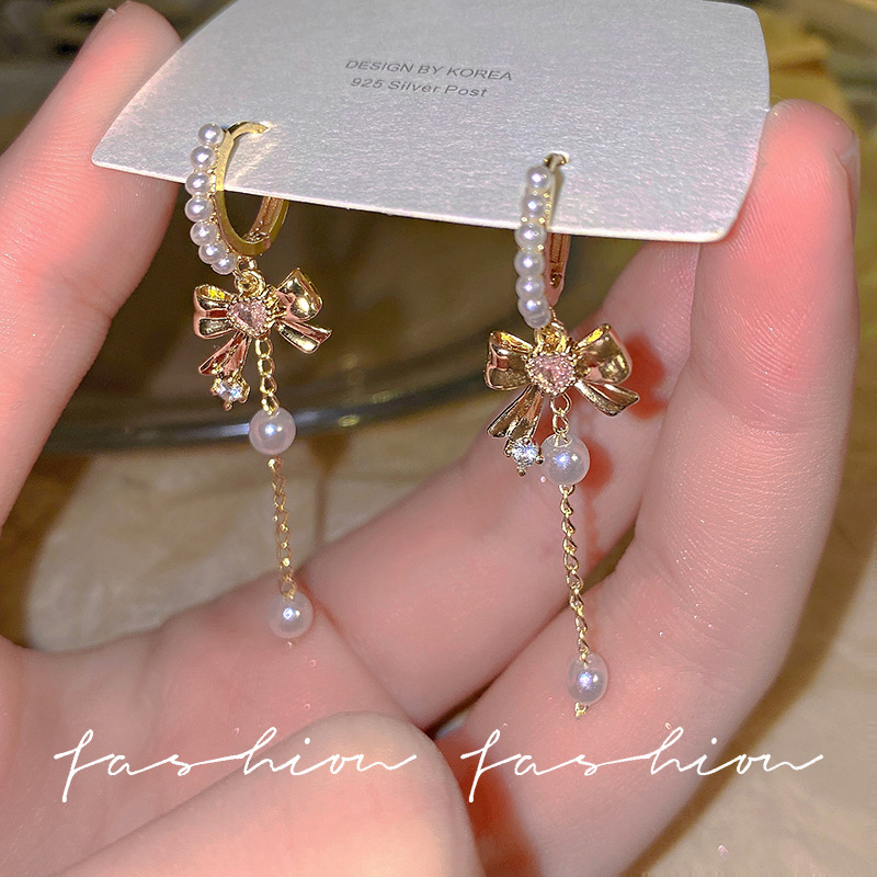 Micro-inlay zircon bow pearl long tassel earrings for women, s925 silver needle, super ethereal and elegant earrings, internet-famous earrings Specification drawing
