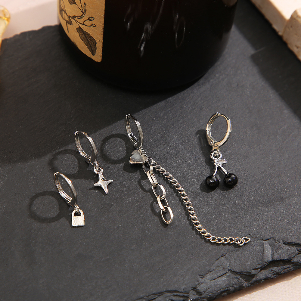 Dark style ins Little cherry simple sweet and cool girl ear buckle, heart bear heart ear stud 6-piece ear buckle set Specification drawing