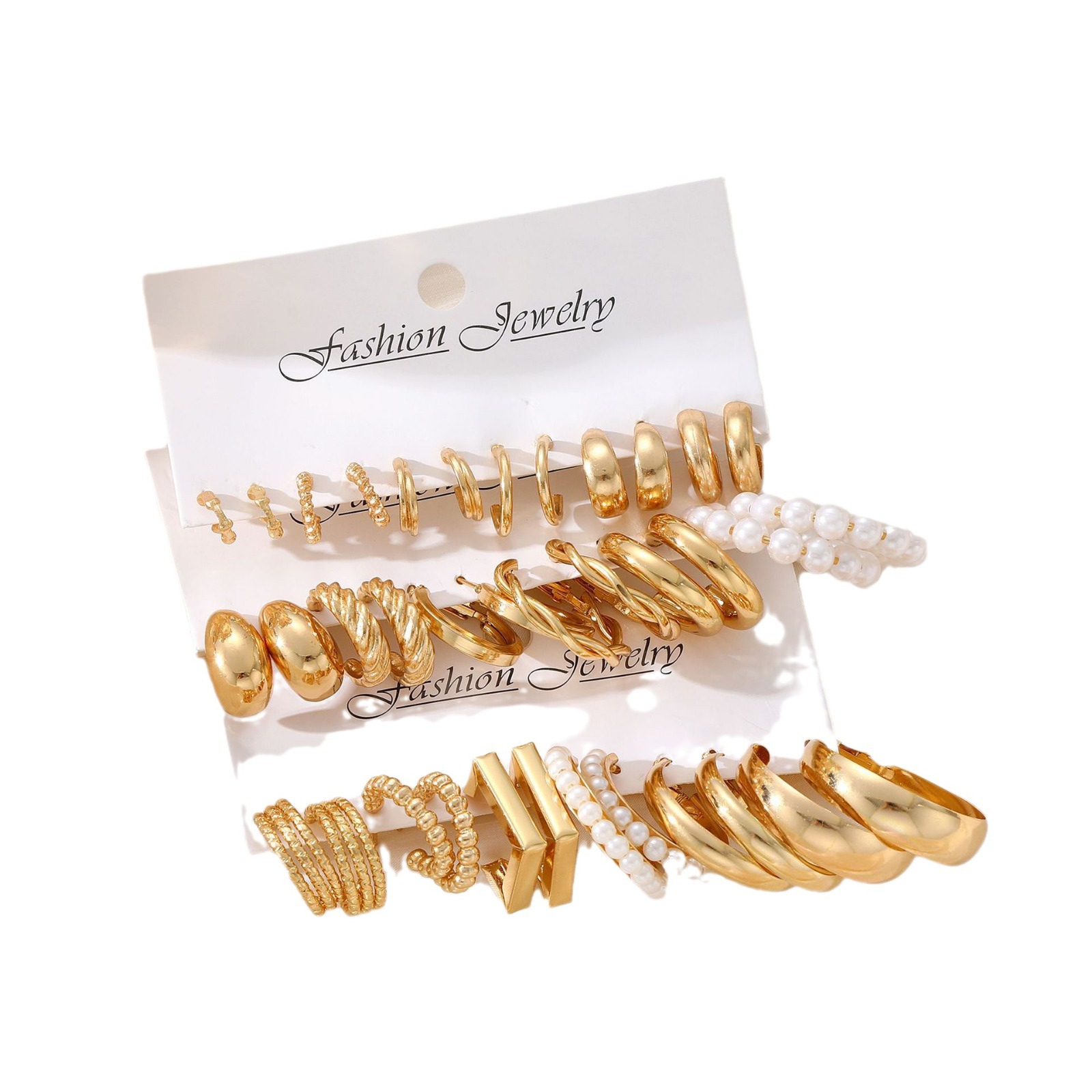 A creative and personalized 8-piece set of European and American cross-border fashion ins metallic geometric round pearl imitation pearl earrings Item Picture