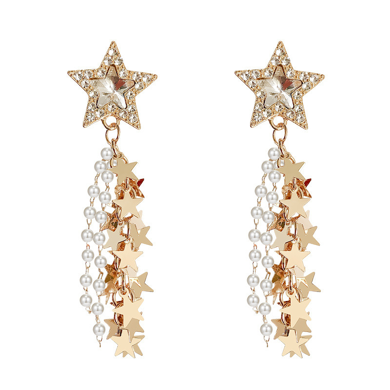 925 Silver Needle Super Sparkling Five-pointed Star Earrings, versatile for women, tassel pearl earrings, Korean style, trendy earrings Item Picture