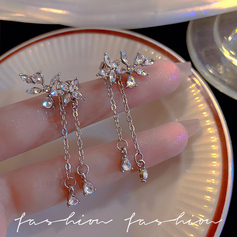 S925 Silver Needle Korean Version New Super Flash Zircon wing Earrings, women's high-end design long tassel stud earrings Application Scenario