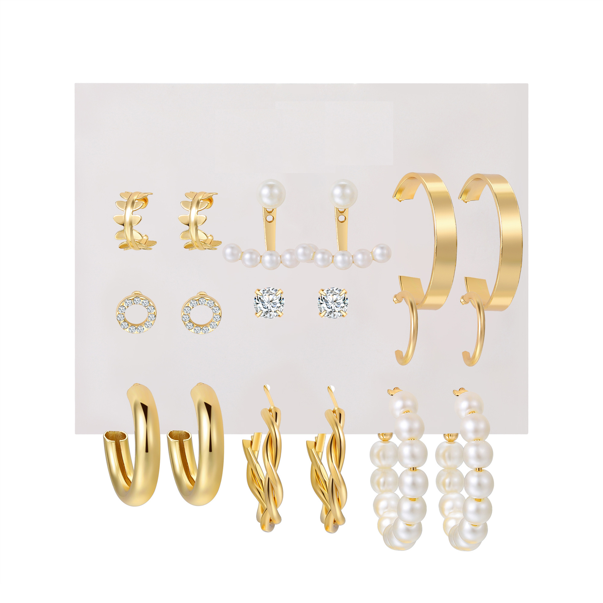 A new 9-piece set of metal twisted letter C ear rings from Europe and America, featuring a creative, retro and simple imitation pearl style Specification drawing