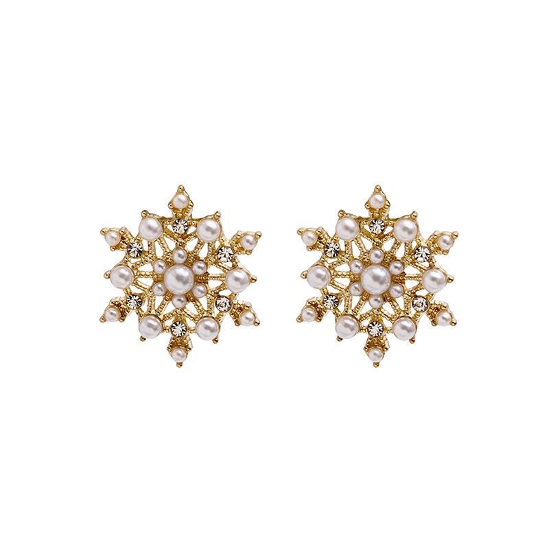 925 Silver needle Sparkling Diamond Snowflake pearl Stud earrings, exquisite Korean internet-famous French light luxury elegant and charming earrings and earrings Item Picture