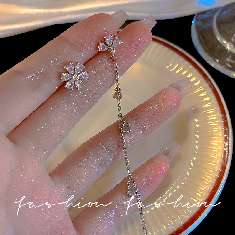 New 925 silver needle long tassel earrings from Japan and South Korea, fashionable zircon asymmetrical flower style stud earrings for women details Picture