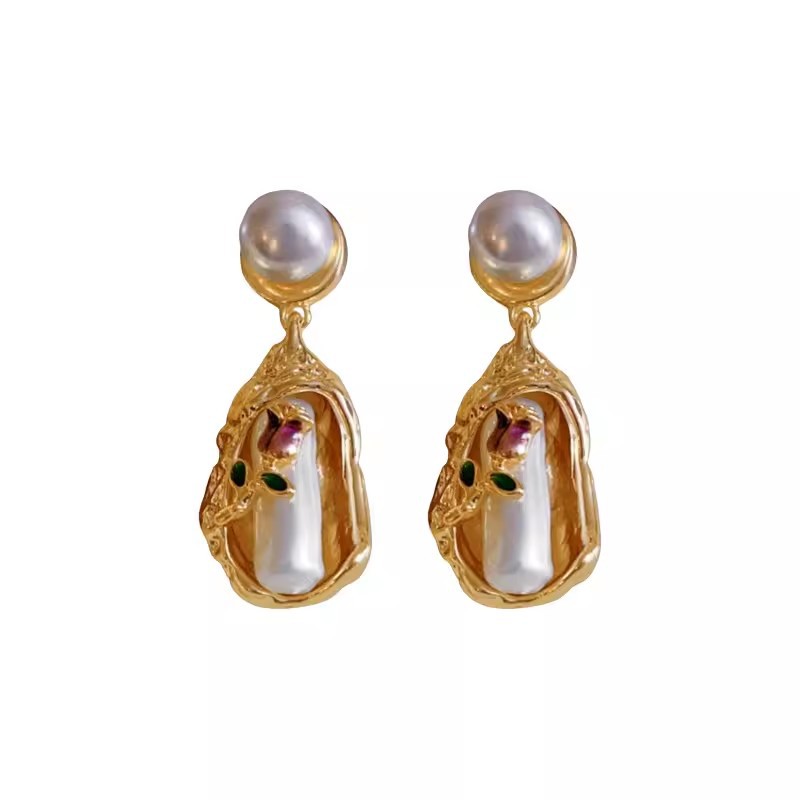 Rose irregular pearl earrings for women, French retro court style earrings, light luxury and high-end unique earrings Item Picture