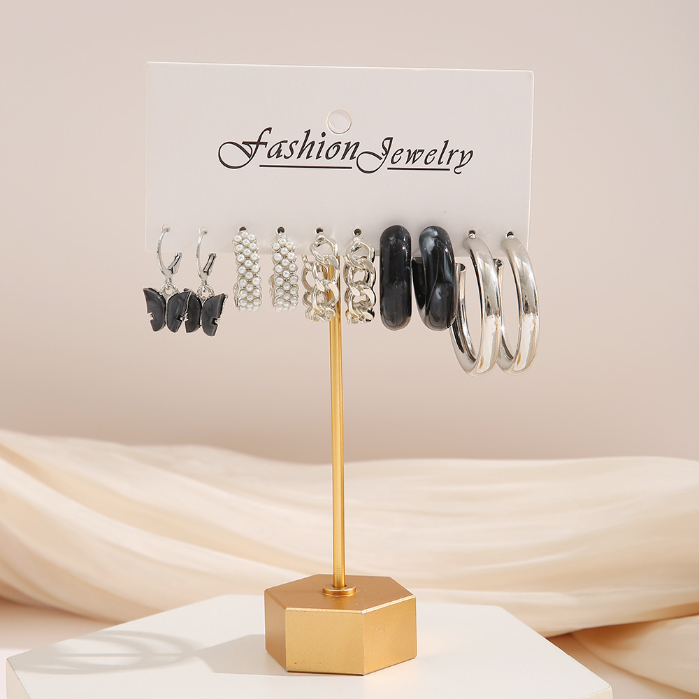 New cross-border black butterfly earrings set, ins simple acrylic C-shaped chain imitation pearl earrings Specification drawing