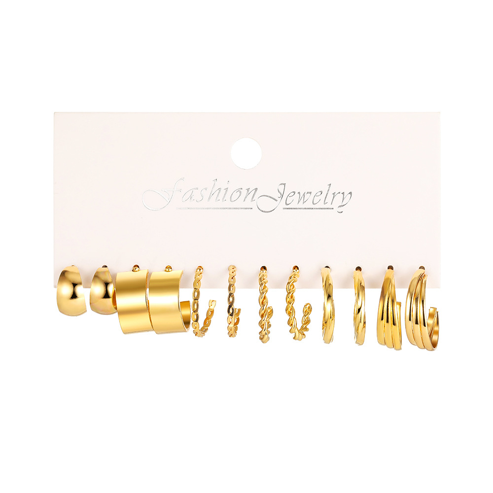 New cross-border personalized ins ear ring, European and American style golden C-shaped earrings, diamond-embedded ear ring chain earrings 6-piece set details Picture
