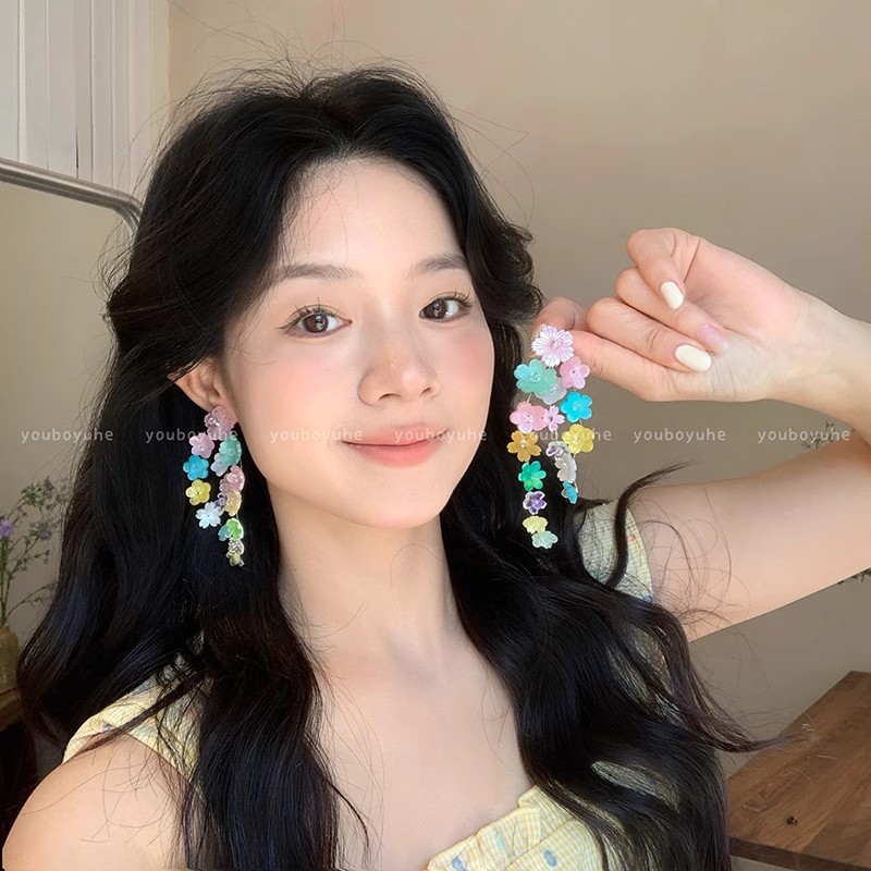 Colorful flower fresh and delicate earrings for women, dopamine Sen-style sweet stud earrings, high-end and vacation-style earrings full figure