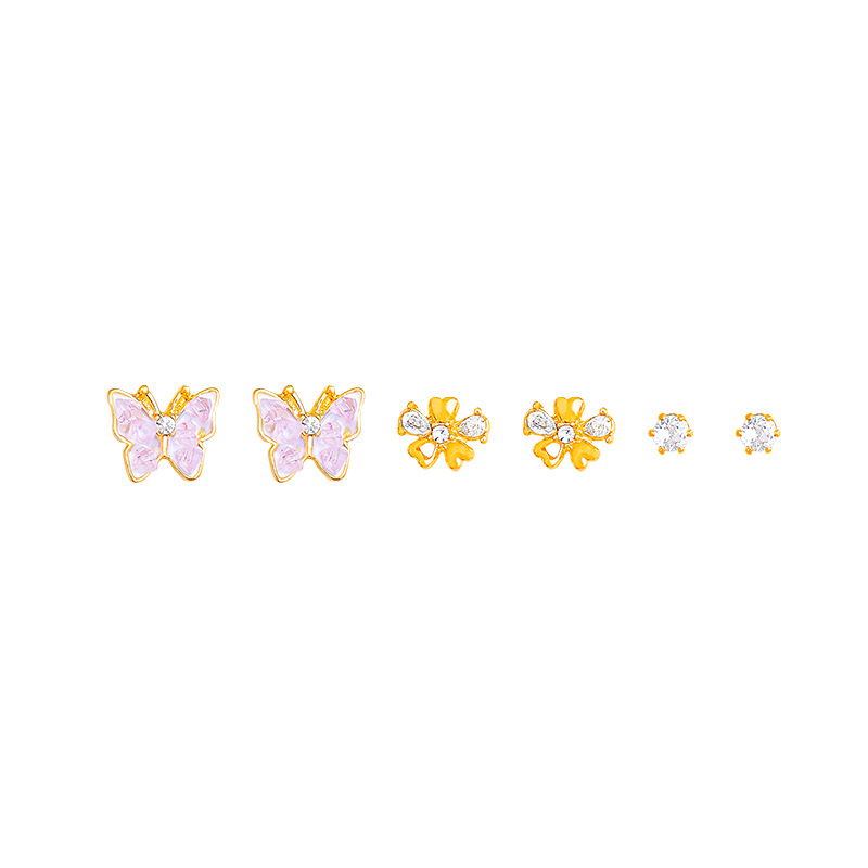 Six-piece set of micro-inlaid butterfly flower stud earrings for women, small, exquisite and simple earrings, stylish and versatile accessories Item Picture