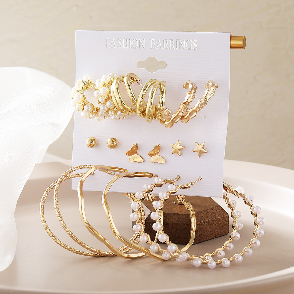 A new set of 9-piece retro women's earrings with imitation pearls, featuring cross-border geometric butterfly ear rings from Europe and America for women Application Scenario