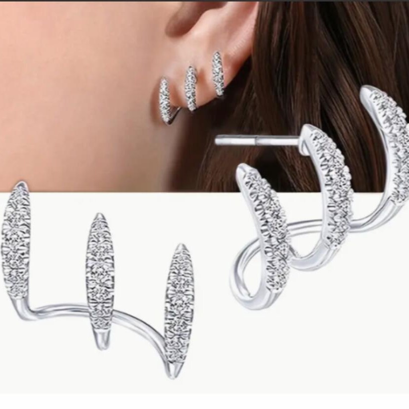 Full-service cross-border creative design sense, niche three-prong diamond-encrusted arc-shaped copper ear studs, wholesale of European and American earrings for women full figure