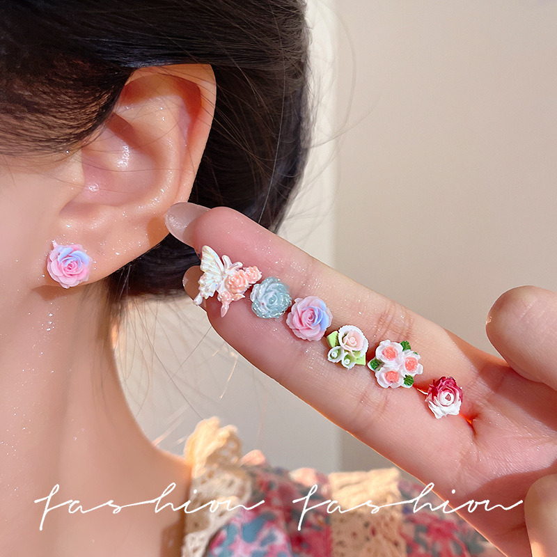 Spring/Summer 2025 new S925 silver needle stud earrings for women, colorful and fresh camellia flower earrings, resin butterfly earrings Application Scenario
