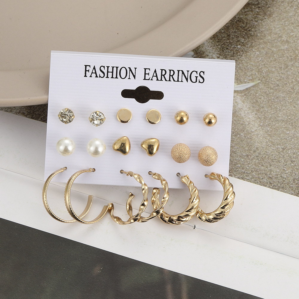 Wholesale of new and simple cross-border earrings from Europe and America. Creative, simple and retro imitation pearl circle stud set, 9 pairs Application Scenario