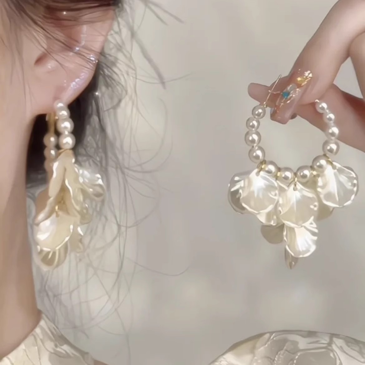 Resort-style French retro pearl petal tassel earrings, women's light luxury high-end long exaggerated stud earrings full figure
