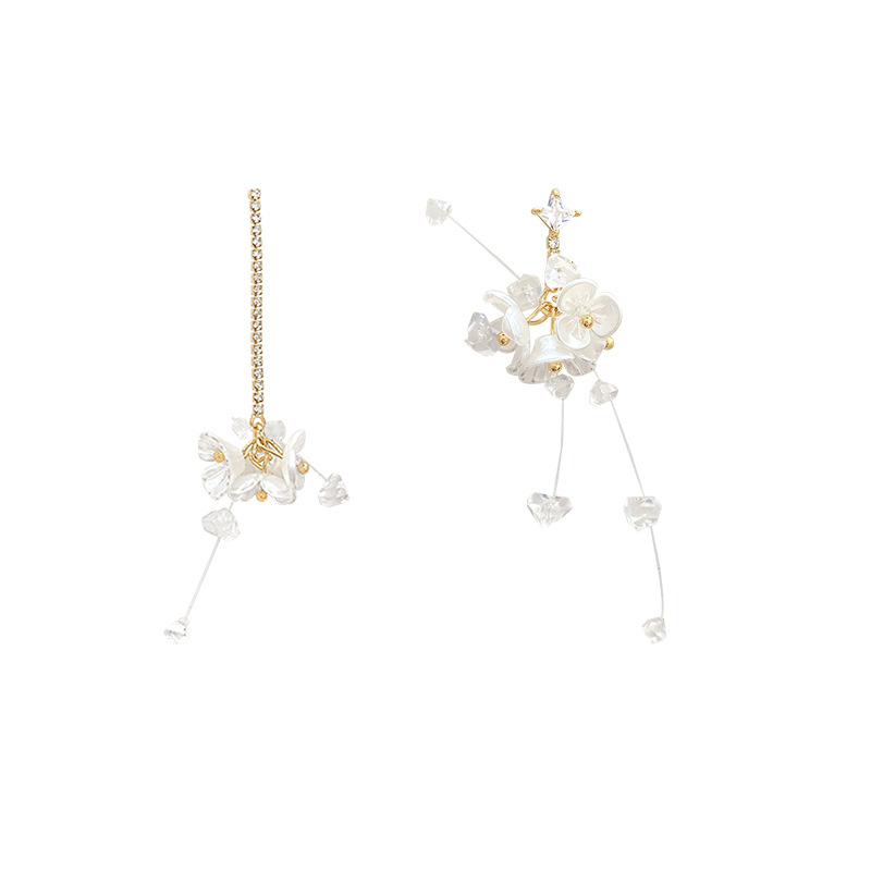 Micro-inlaid zircon lily of the valley flower asymmetrical earrings for women s925 silver needle high-end earrings, retro style earrings Item Picture