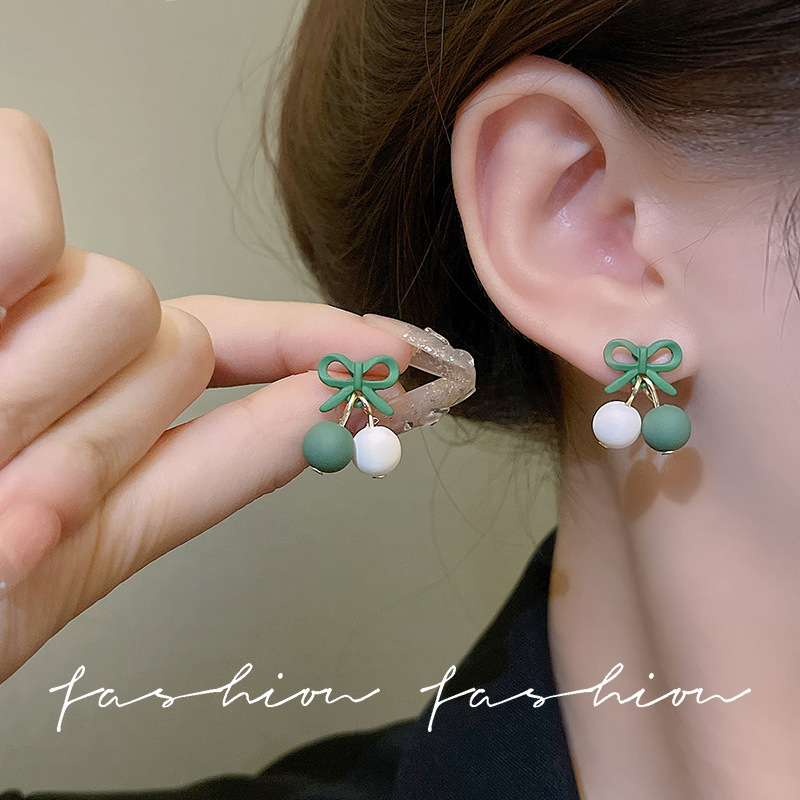 Bow color-blocking ball earrings, unique and niche design, small and cute girl stud earrings, 925 silver needle earrings wholesale details Picture