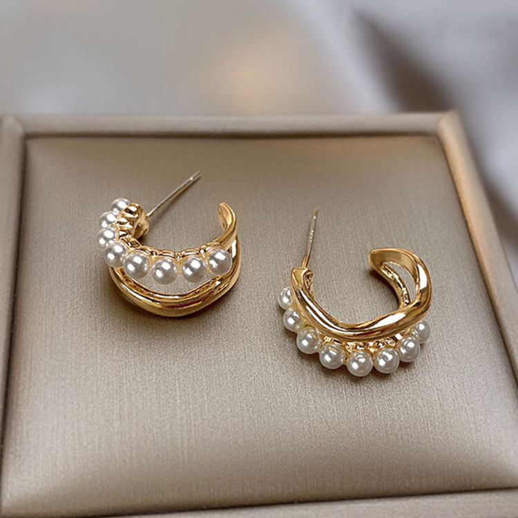 Ins-style irregular double-layer pearl earrings, trendy and elegant women's plain face earrings, 925 silver needle earrings wholesale Specification drawing