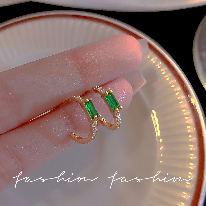 Retro grandmother green square zirconia stud earrings, niche and simple style, versatile earrings, forest-themed personalized earrings wholesale details Picture