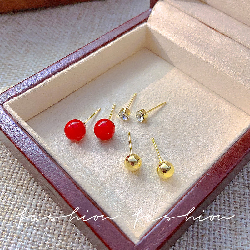S925 Silver Needle Red Love Bean metal Ear studs Women's ear Piercing Six-piece set Mini Zircon earrings and Earrings wholesale Specification drawing