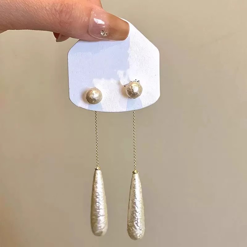 Retro and elegant new fashion silver needle earrings, tassel dress, cotton beads, long earrings, light luxury pearl stud earrings Specification drawing