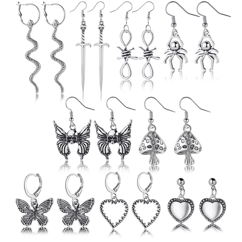 Wholesale of 9-piece retro alloy earrings from Europe and America, featuring creative butterfly, heart, mushroom, snake and spider pendants full figure