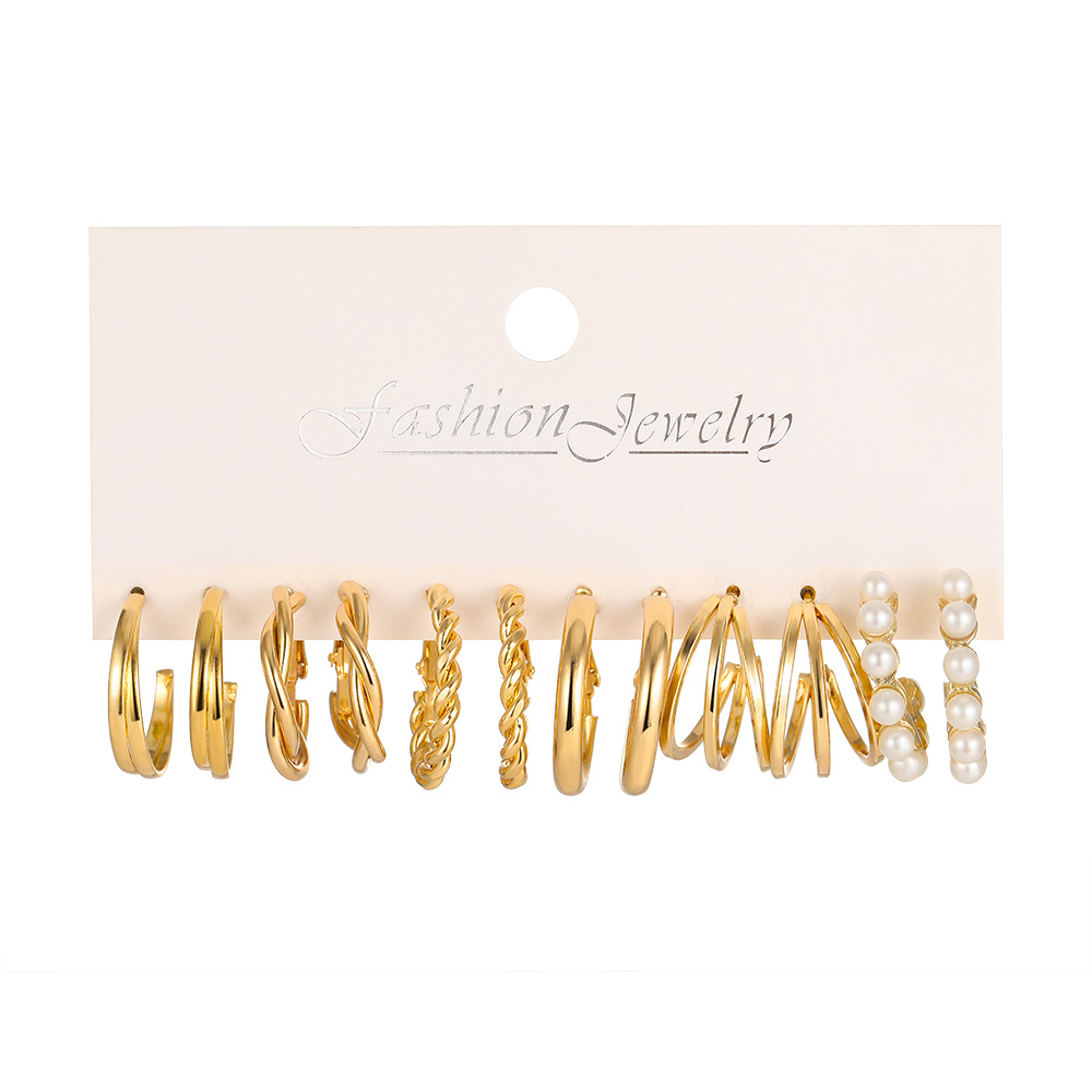A new cross-border personalized metal three-tube twist earring set of 6 pieces, featuring personalized ins ear rings and golden C-shaped earrings Item Picture