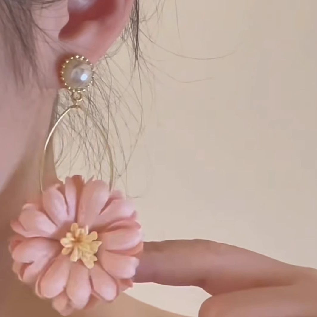 Forest-themed pearl flower earrings, long, fashionable, individualistic, exaggerated and sweet pink Daisy earrings, elegant earrings Specification drawing