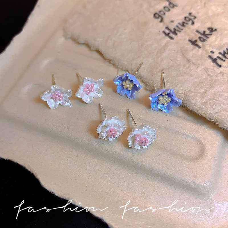 Blue Camellia 925 silver Needle elegant stud earrings, small, sweet and exquisite, new Chinese-style retro earrings for girls Specification drawing