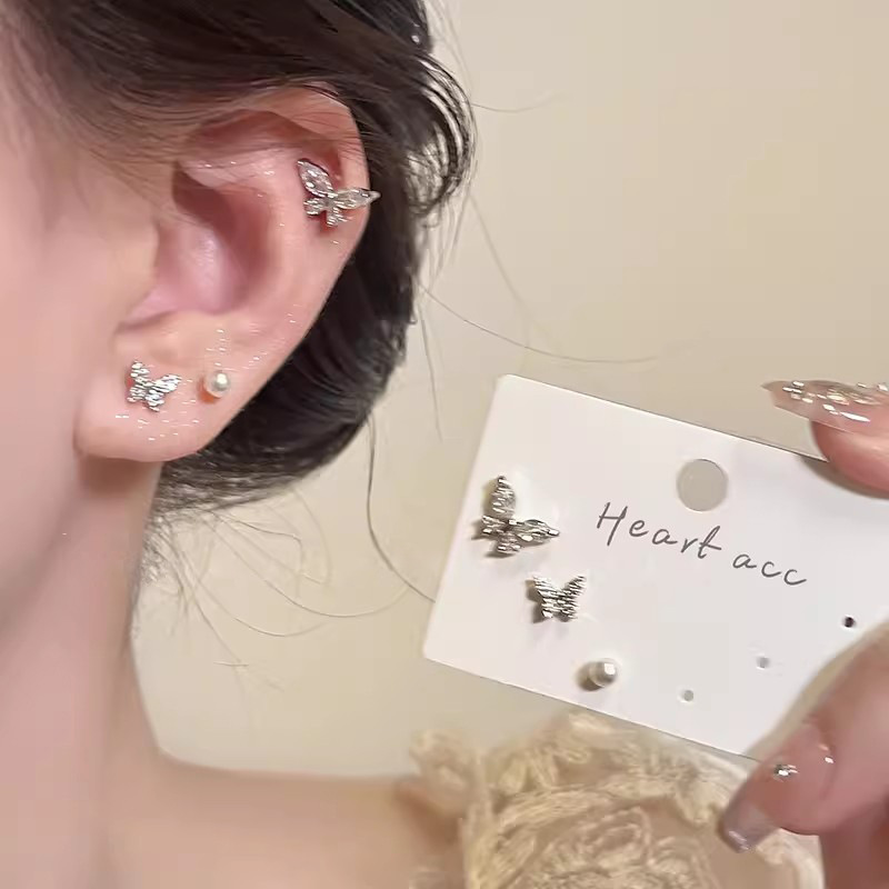 Butterfly Sparkling Diamond Pearl Set ear stud, a light luxury, niche and high-end look for women, super fairy-like and versatile student earrings full figure