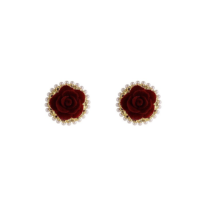Ankela red flower pearl stud earrings for women exude a light luxury and high-end charm with a unique flocked style. They are versatile earrings for autumn and winter Item Picture