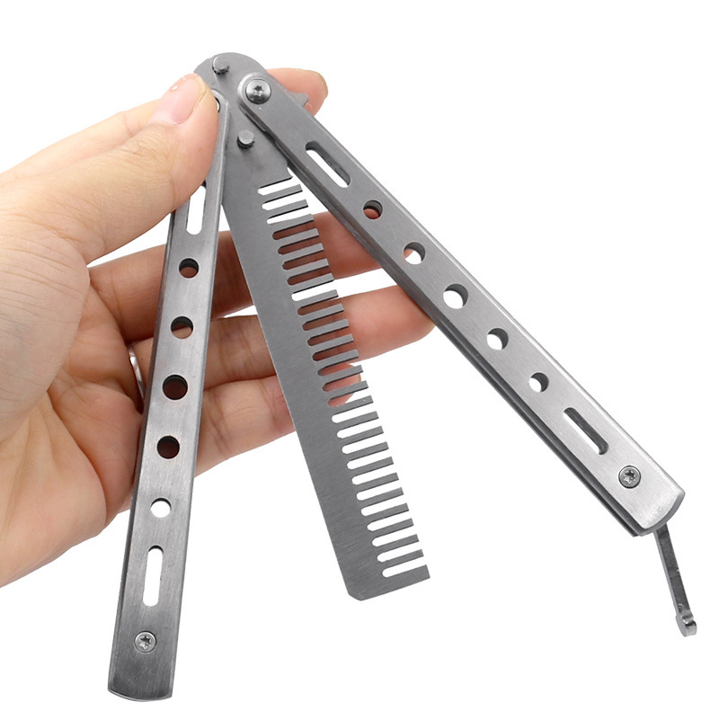 Camping practice butterfly comb stainless steel outdoor practice foldable comb uncut butterfly comb practice knife single tip Specification drawing