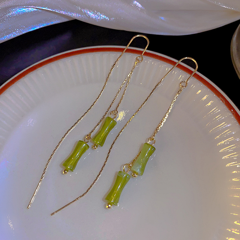 Green bamboo joint ear thread women's forest-style super fairy long tassel earrings, high-end, fashionable and stylish earrings and earrings wholesale Specification drawing