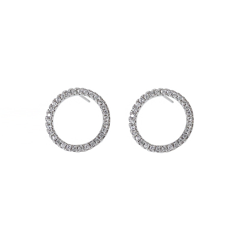 Korean version S925 silver needle full diamond perforated geometric circle circular ring Korean stud earrings Item Picture