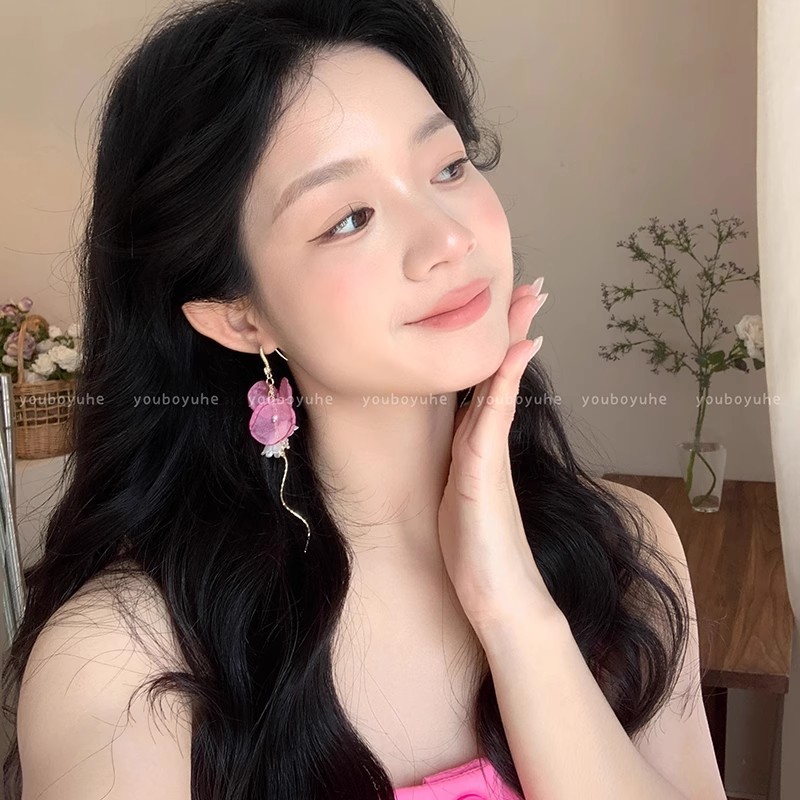 French ethereal pink flower tassel stud earrings, unique, high-end and exaggerated seaside vacation style earrings and earrings for women in summer details Picture