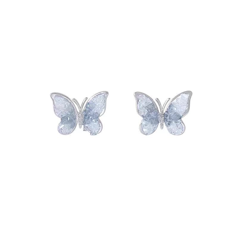 925 Silver Needle Blue Gradient Crystal Butterfly Earrings for women, fresh, sweet and exquisite stud earrings, light luxury and high-end earrings Item Picture