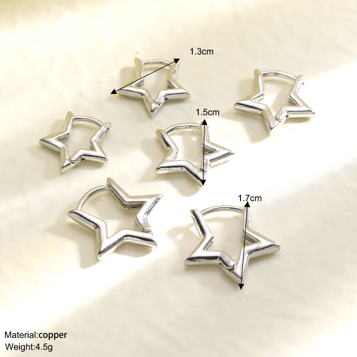 A set of 3-piece copper five-pointed star earrings in a minimalist and versatile style for cross-border fashion from Europe and America Specification drawing
