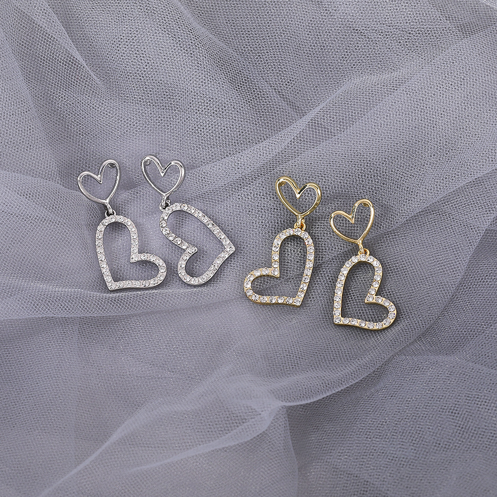 S925 Silver Needle Double-layer diamond-encrusted heart-shaped earrings, trendy Korean-style stylish earrings, long earrings for female Internet celebrities, stud earrings details Picture