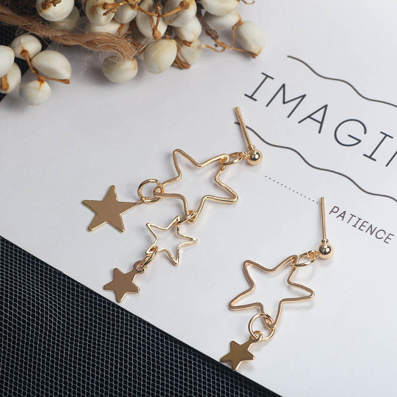 Korean-style fresh and delicate geometric hollowed-out asymmetrical star stud earrings, personalized hollowed-out star tassel long earrings for women details Picture