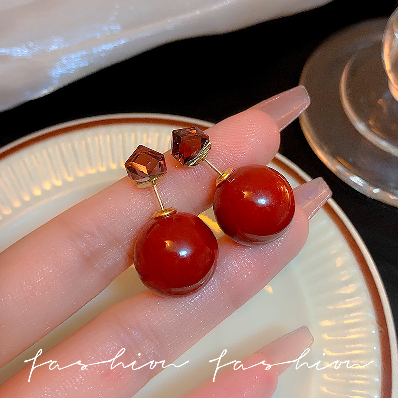 Ankela Red two-sided pearl stud earrings for women 2025 Autumn/Winter new, unique and versatile design earrings and earrings details Picture