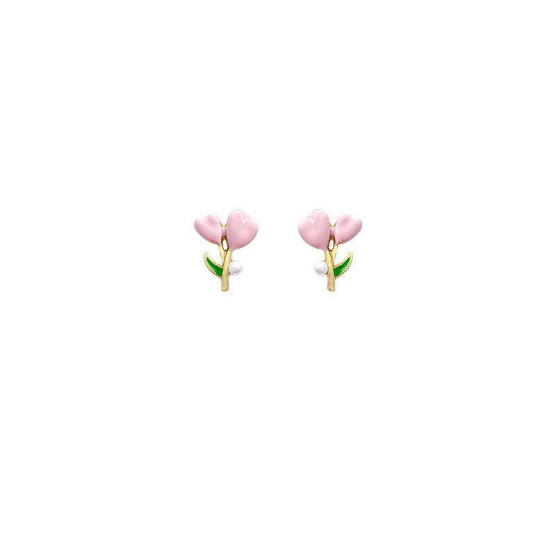 Tulip flower pearl stud earrings, ins style, fashionable and versatile, elegant small earrings, silver needle wholesale exquisite earrings Item Picture