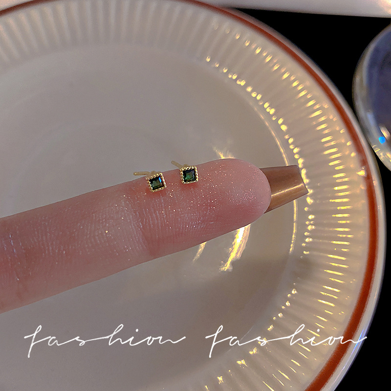 S925 Silver Needle Emerald square ear-piercing Stud earrings for Women, simple, small and versatile, 2023 new style earrings details Picture