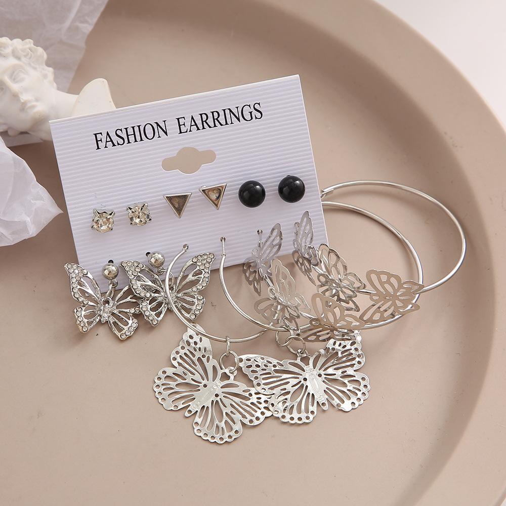 A new cross-border geometric dot diamond earring set from Europe and America, 6-piece set, creative hollowed-out butterfly earring set combination, Instagram Specification drawing