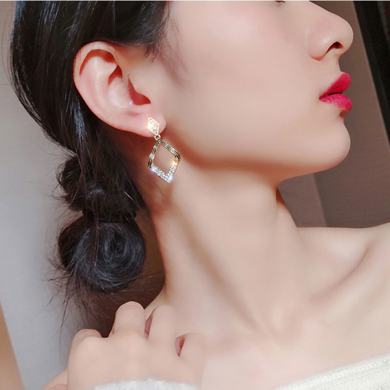 New 925 silver needle rectangular diamond-encrusted stud earrings, a stylish Korean-style, personalized, trendy geometric fan-shaped earrings and pendants details Picture