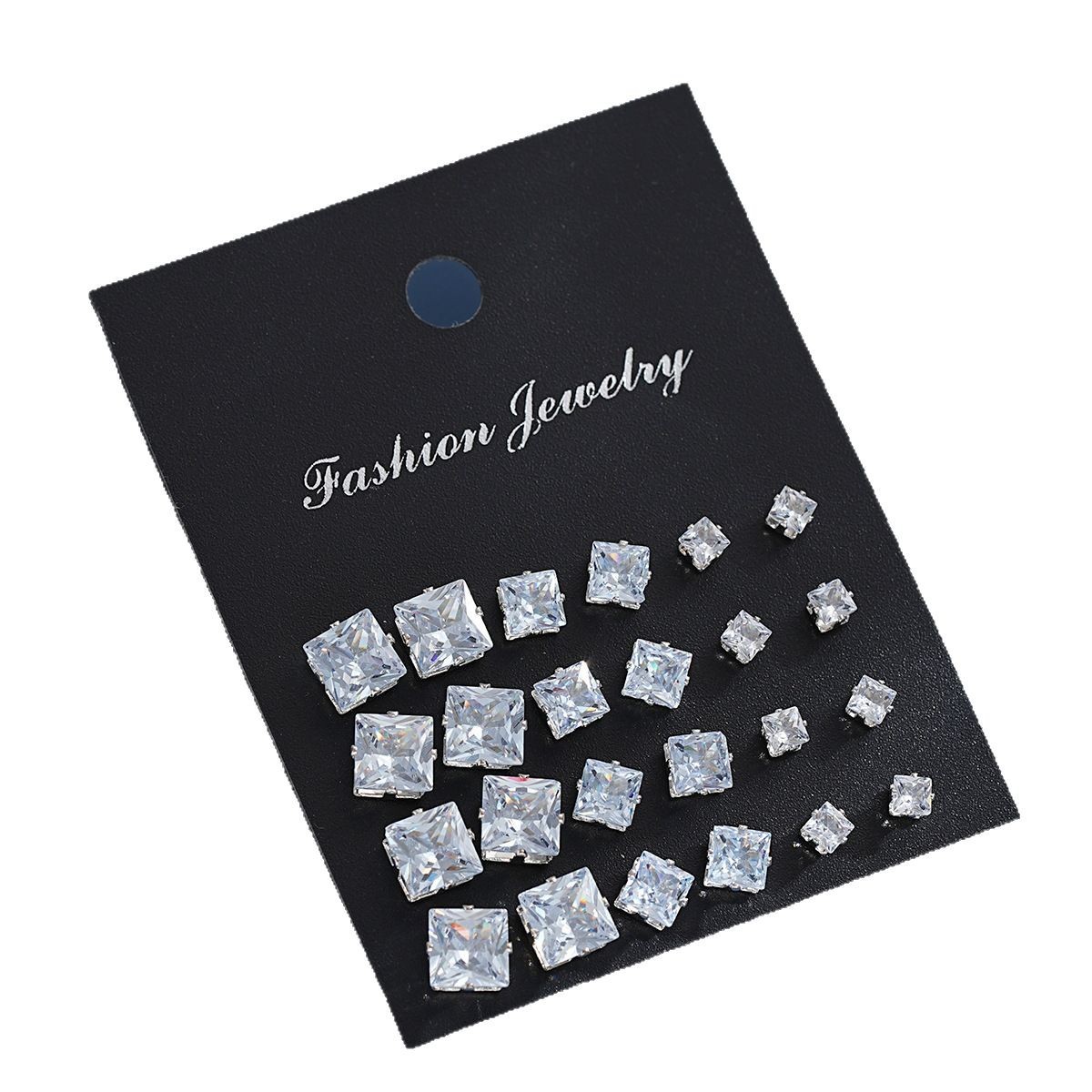 A 12-piece set of fashionable geometric square zirconia stud earrings from Europe and America, featuring a light luxury and creative high-end feel for women Item Picture
